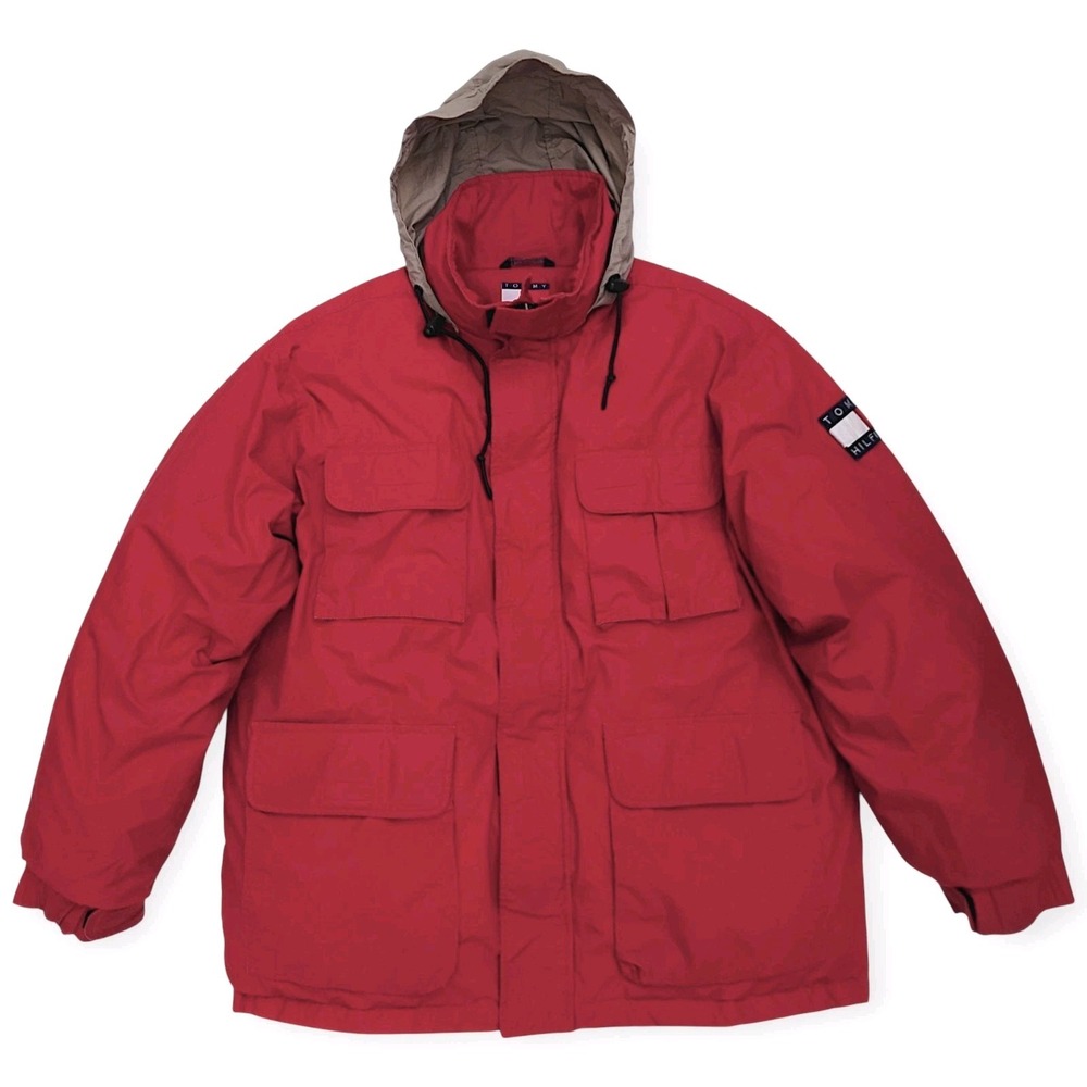 Vintage 90s Tommy Hilfiger Down Filled Chore Jacket Mens M Red Flag Logo Cotton